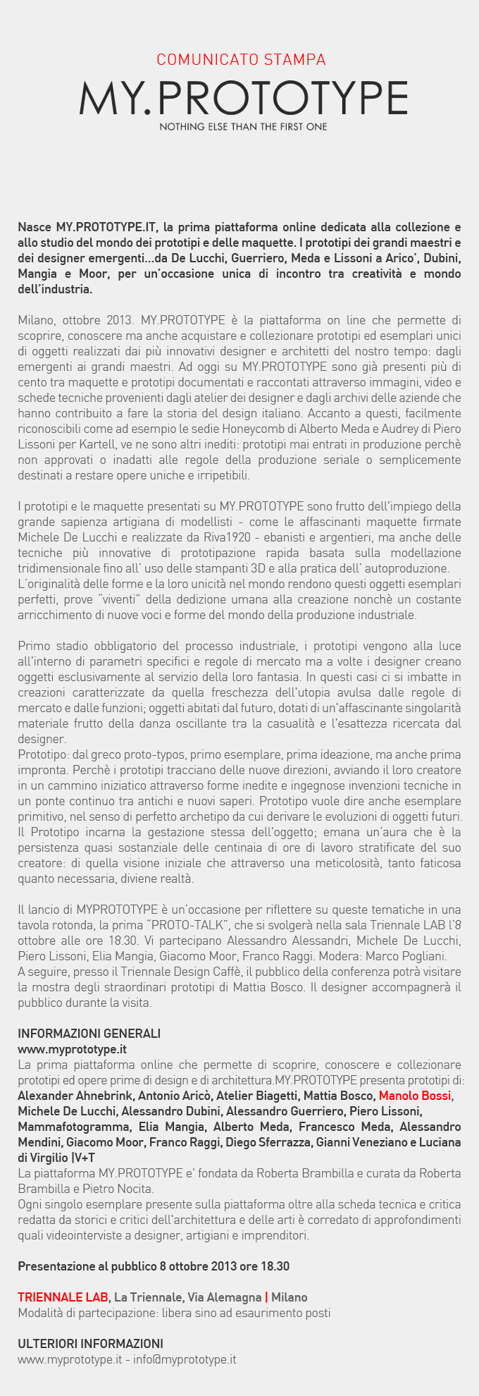 MY. PROTOTYPE Comunicato Stampa ITA 04.10.2013